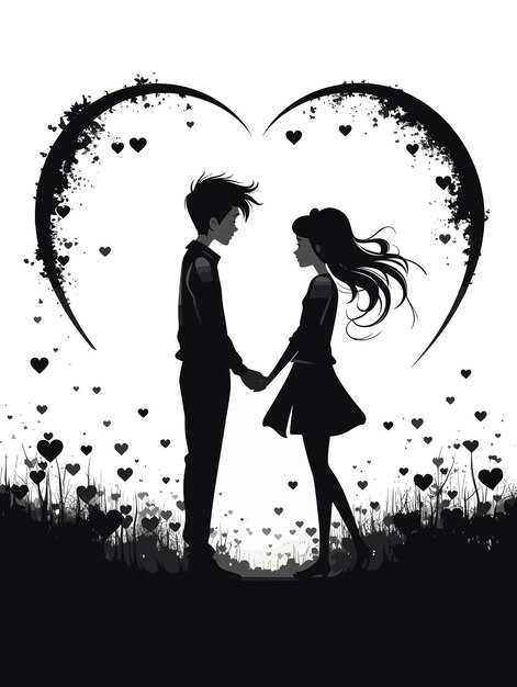 Vector valentines day icon a guy holds a girls hands while standing among the grass and a heart