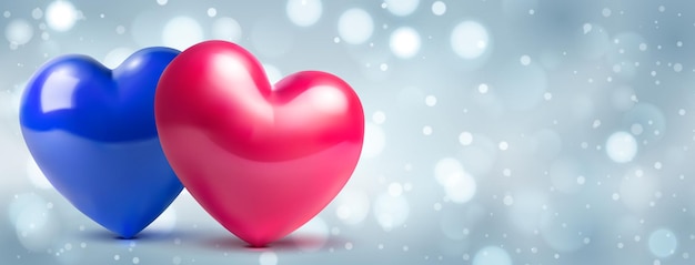 Valentines day illustration with two big shiny hearts red and blue on a blurred background with bokeh effect