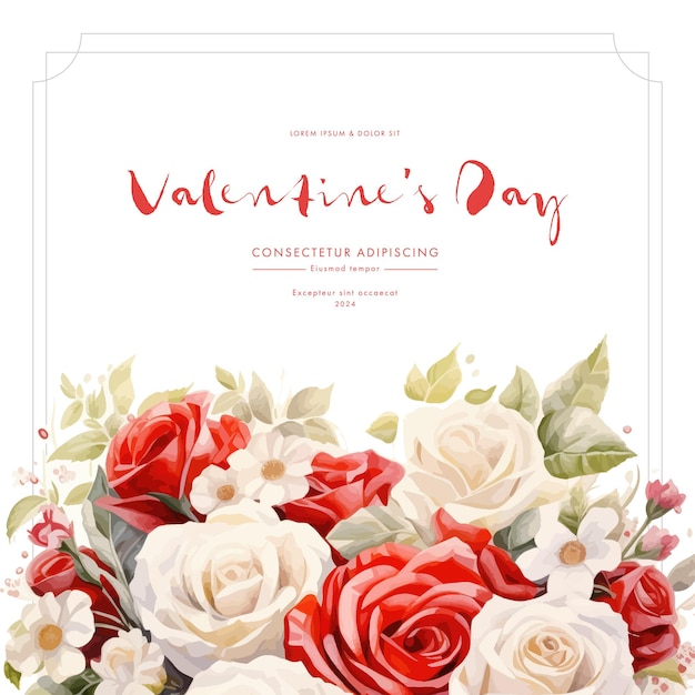 Valentines day invitation with watercolor flowers and leaves