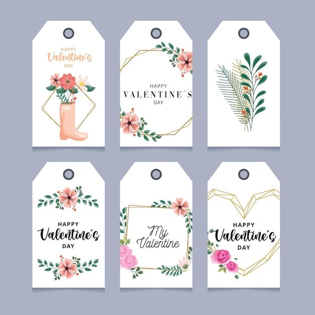 Valentines day label set with floral decorations.