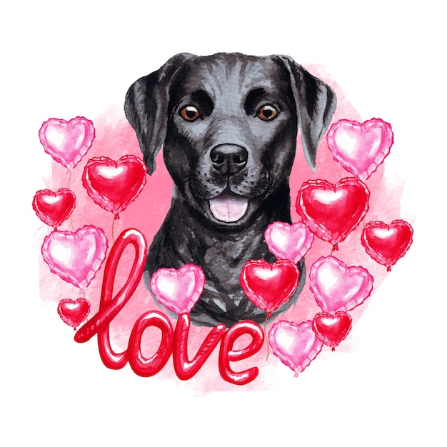 Valentines day Labrador dog with hearts and love. Watercolor illustration.