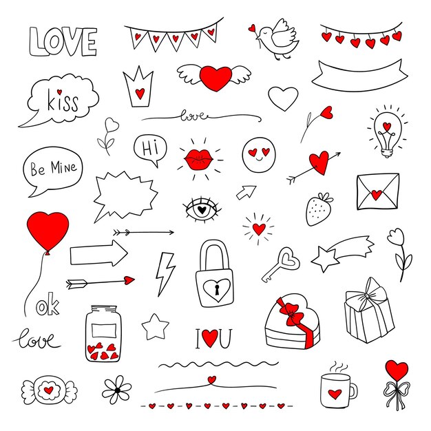 Vector valentines day line art doodles collection