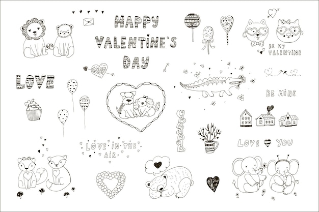 Vector valentines day love doodle objects illustrations set