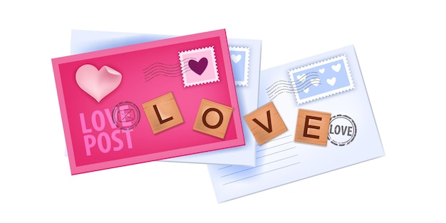 Valentines Day love  letters illustration with closed envelopes, stamps, wooden letters isolated on white. Paper romantic holiday pink top view messages, mails. Valentines Day envelopes design