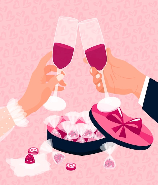 Valentines day A man and a woman celebrate February 14 Clink glasses with red wine and eat sweets