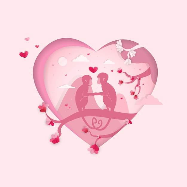 Valentines day, monkeys in heart background illustration