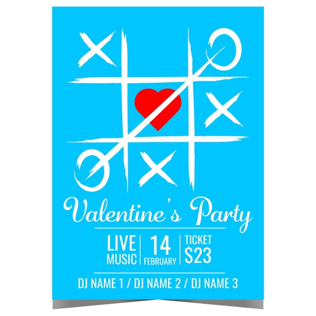 Valentines Day party invitation template with Tictactoe game and heart in the background