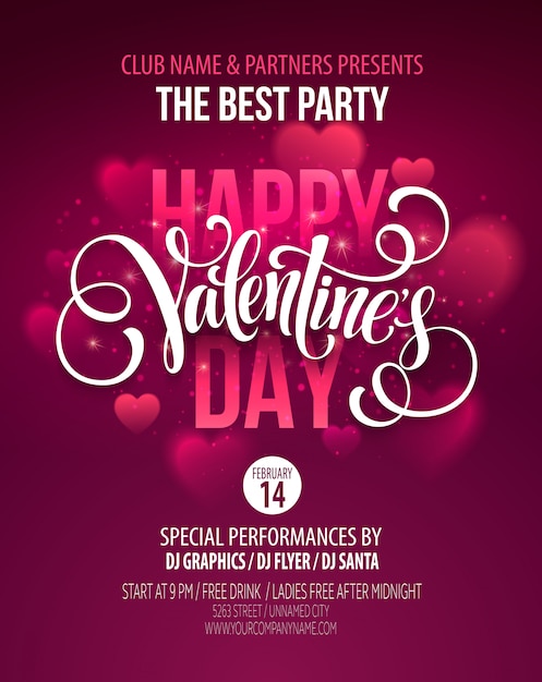 Valentines Day Party Poster Design. Template of invitation, flyer, poster