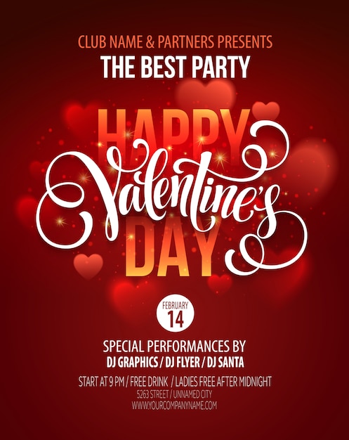 Valentines Day Party Poster Design. Template of invitation, flyer, poster