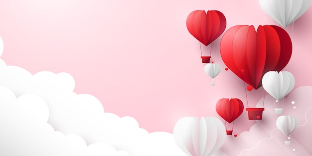 Valentines day and pastel color background. Red and white hearts shaped balloons flying in sky. Paper art