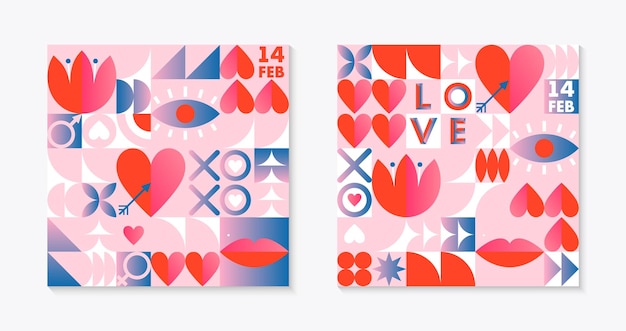 Valentines Day pattern templatesRomantic vector wallpapers in bauhaus style