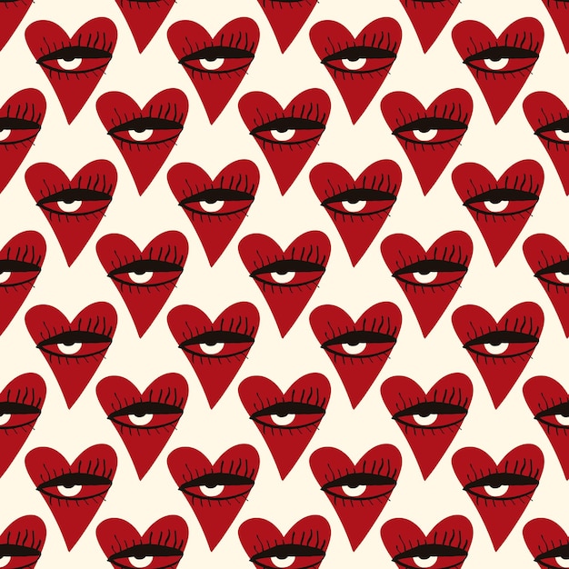 Valentines Day pattern with ugly funky hearts Groovy cute love characters illustration in doodle style