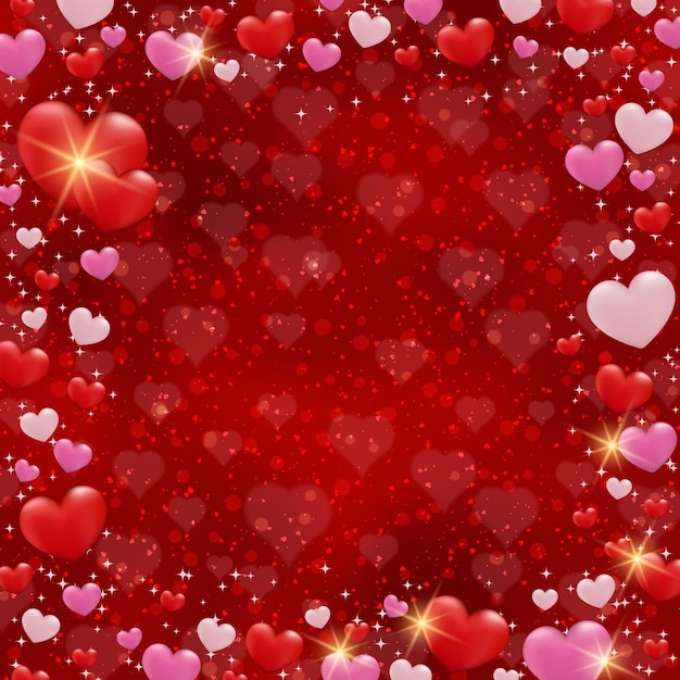 Valentines Day red blurred vector background with hearts and light effects