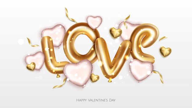 Valentines Day Romantic Background Realistic 3d festive decorative objects heart shaped balloons glitter gold confetti Holiday web banner