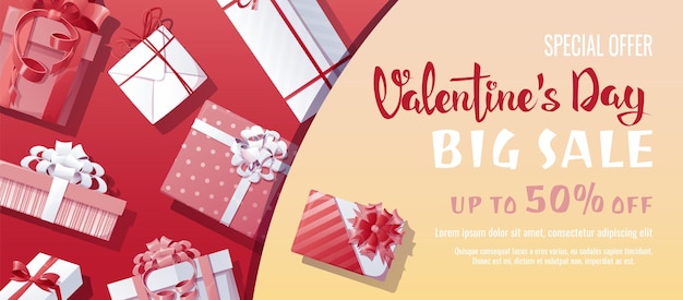 Valentines day sale banner background poster flyer with a bunch of gifts decorated with bows