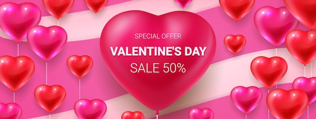 Valentines day sale banner February special offer and discount Romantic holiday promotion with price reductions Realistic 3D balloons on striped background Vector decorative flyer