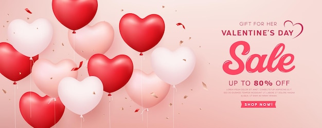 Valentines Day Sale banner red and pink white balloon heart and ribbon design background