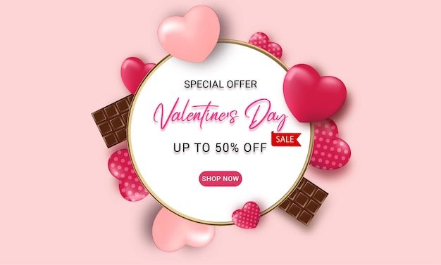 Valentines day sale banner template with 3d heart and chocolate