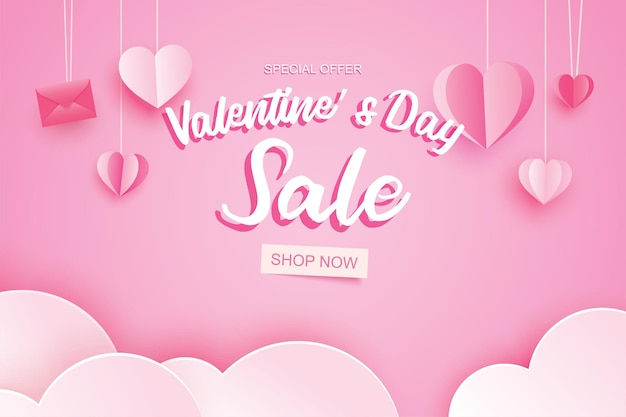 Valentines day sale banner template with heart hanging on pink pastel background.