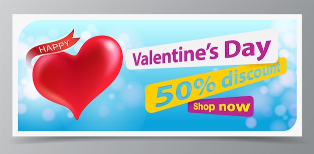 Valentines Day Sale Blue Banner Heart of Love with Red Heart and Valentine Coupon Design 50 off