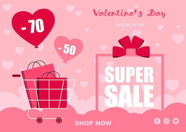 Valentines Day sale landing page or banner with gifts cart heart shaped balloon on a pink vector