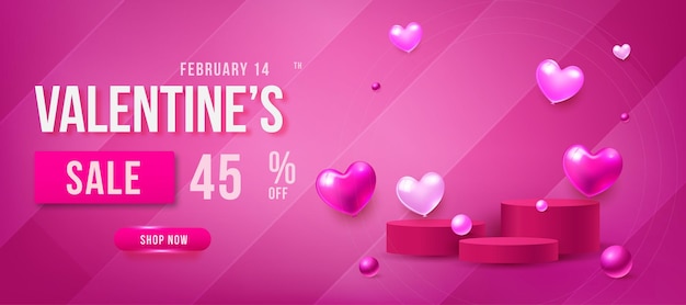 Valentines day sale poster with red and pink hearts background