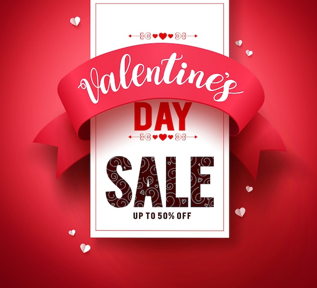 Valentines day sale text vector banner design with ribbon and hearts elements in red background