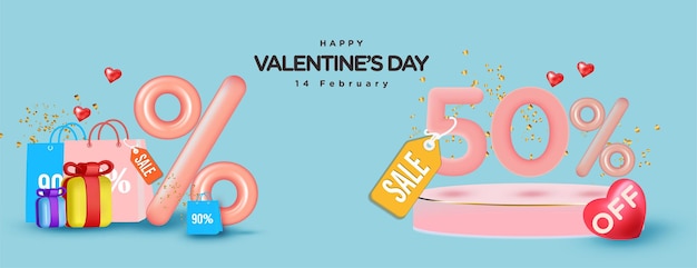 Valentines day sale with percentage 3D illustration