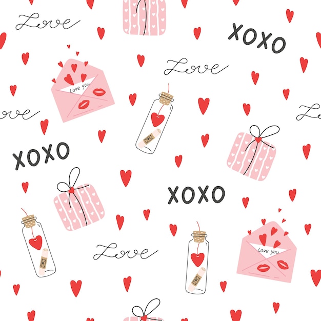 Valentines day seamless pattern with hearts, gifts and lettering. Design for fabric, wrapping paper