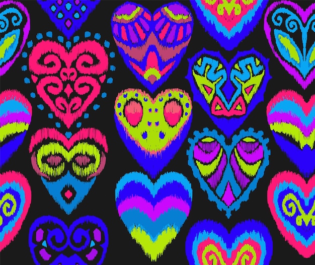 Valentines day Seamless pattern with hearts Ikat geometric folklore ornament Oriental vector damask