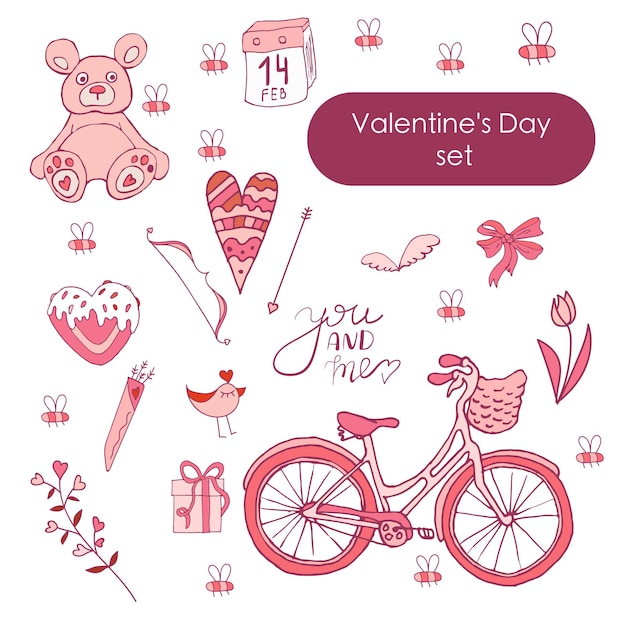 Valentines day set Vector illustration Doodles Pink set