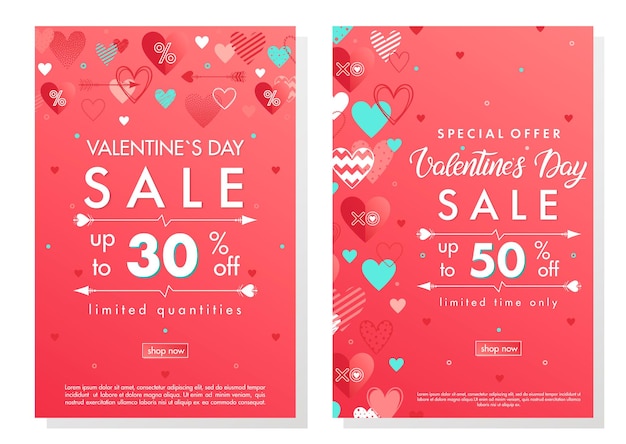 Valentines Day special offer banners with different hearts.Sale flyers templates perfect for prints, flyers, banners, promotions, special offers and more. Vector Valentines Day promotions.