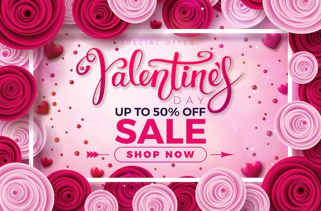 Valentines Day Special Offer Sale Design with Roses Flower and Red Heart on Light Violet Background