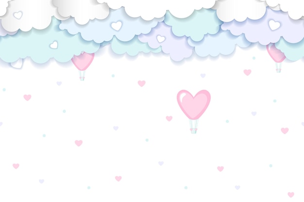 Valentines Day vector background with clouds and balloons in shape of heart in paper art style