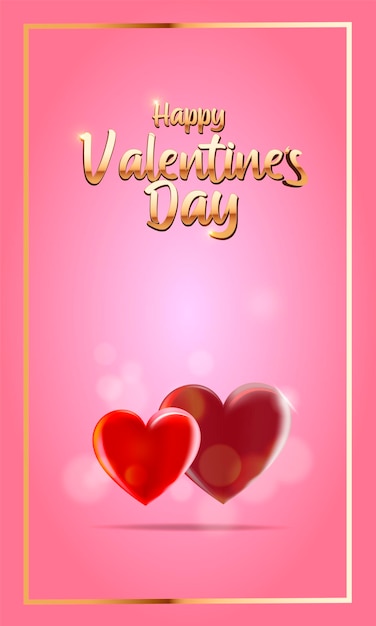 Valentines day vector background with two hearts Golden text on pink background