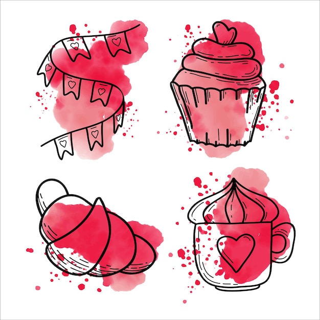 Valentines day vector doodle illustrations  Coffee cup croissant garland cupcake isolated