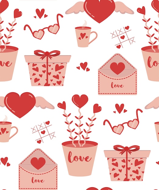 Valentines Day vector seamless pattern background gift box love letter love plant heart sunglasses