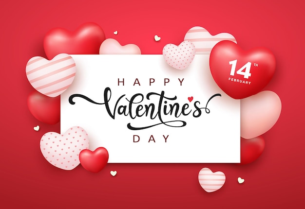 Valentines day, white paper space, red and pink, white balloon heart poster design on red background