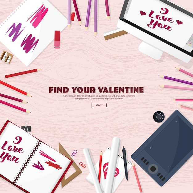 Vector valentines day workplace with table design equipment drawing on paper handmade greeting love card