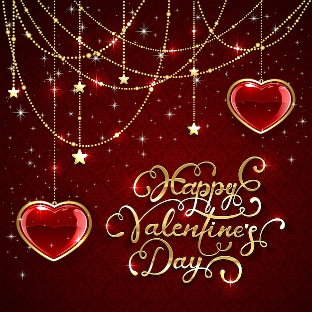 Valentines decorations with glittering hearts and golden stars on red floral background, holiday lettering Happy Valentines Day, illustration.