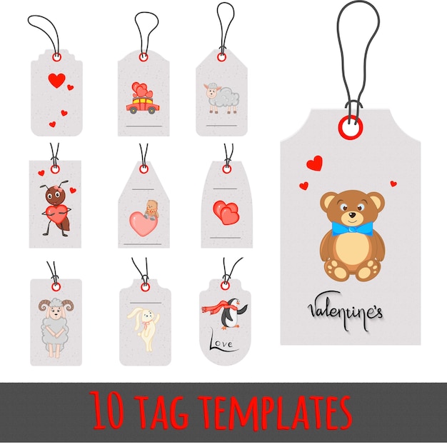 Valentines gift tags with animals. Romantic valentine day tag labels vector set