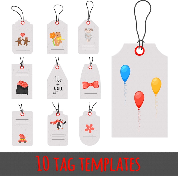 Valentines gift tags with animals. Romantic valentine day tag labels vector set.