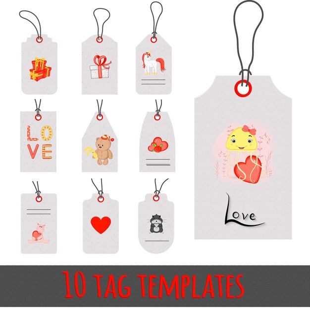 Valentines gift tags with animals. Romantic valentine day tag labels vector set