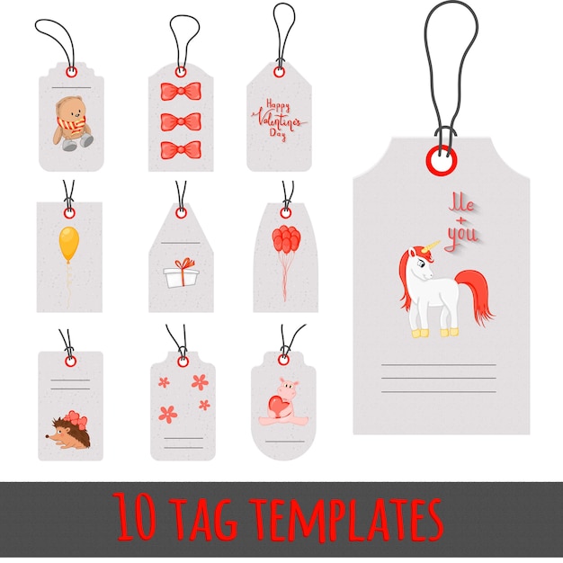 Valentines gift tags with animals. Romantic valentine day tag labels vector set