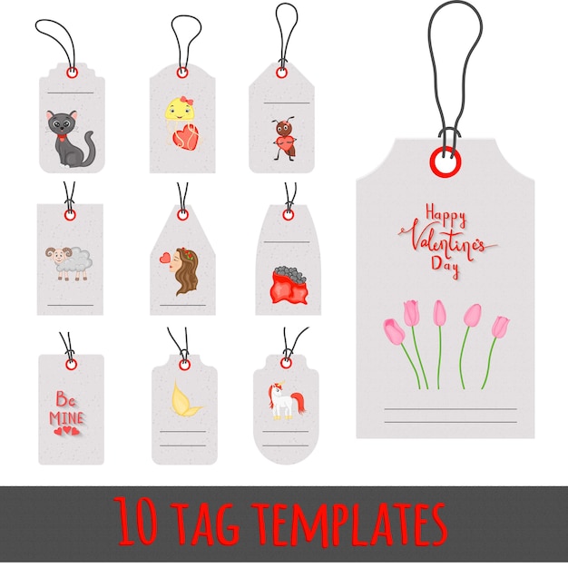 Valentines gift tags with animals. Romantic valentine day tag labels vector set.