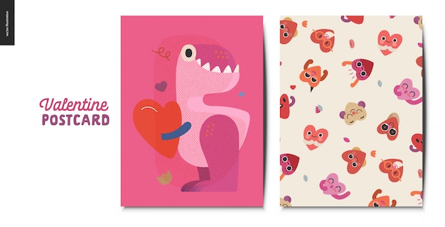 Vector valentines postcard with dinosaur