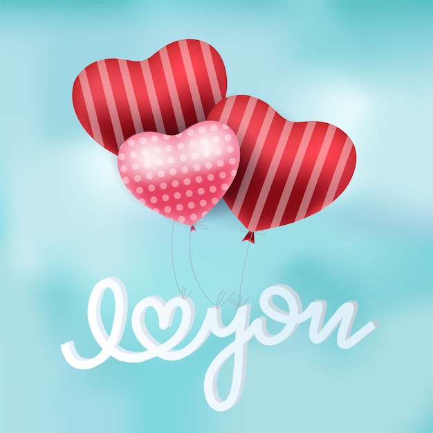 Valentines red heart balloons vector poster design with floating I love you text typography in blue sky 