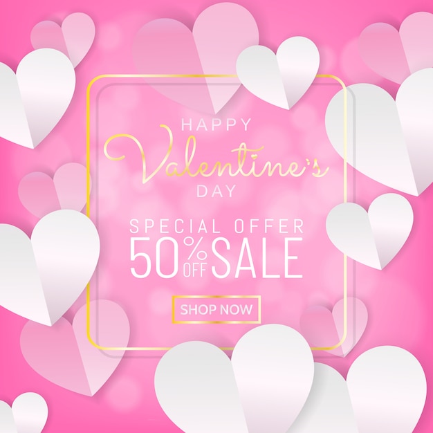 Valentines sale background banner calligraphy and gold frame, paper cut style