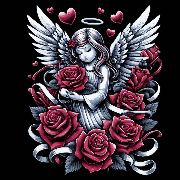 Valentines Wings of Affection Isolated Angel Roses Vector