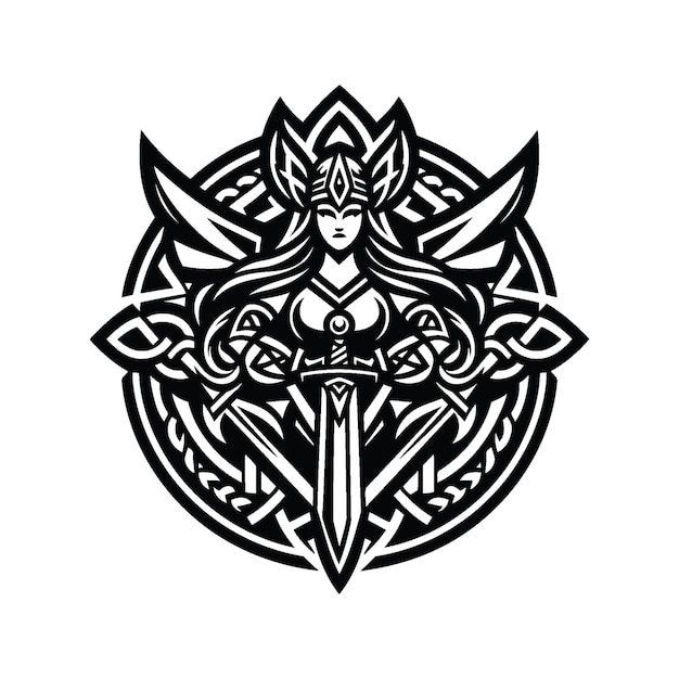 Vector valkyre in silhouete with celtic knot pattern illustration